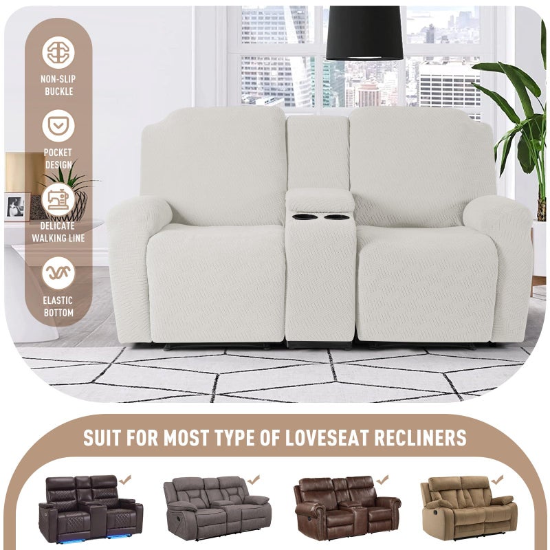 KinCam Loveseat Recliner Covers with Middle Console Slipcover  Recliner Sofa Covers 2 Seat Couch Cover Stripe Jacquard Furniture Protector Covers with Elastic Bottom for Kids  Pets (Cream) - Image 2