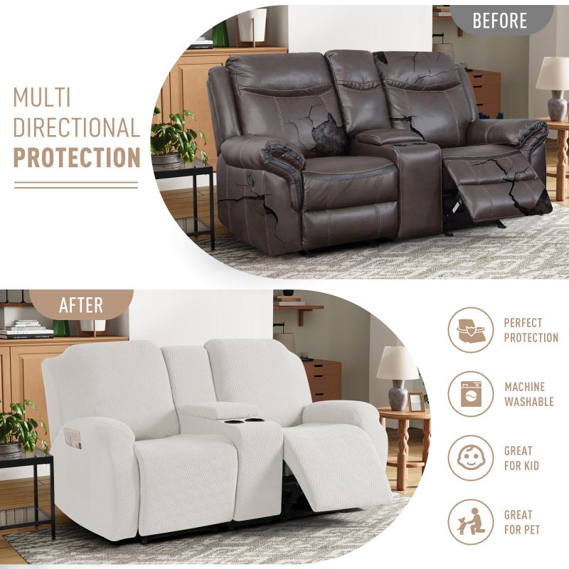 KinCam Loveseat Recliner Covers with Middle Console Slipcover  Recliner Sofa Covers 2 Seat Couch Cover Stripe Jacquard Furniture Protector Covers with Elastic Bottom for Kids  Pets (Cream) - Image 4
