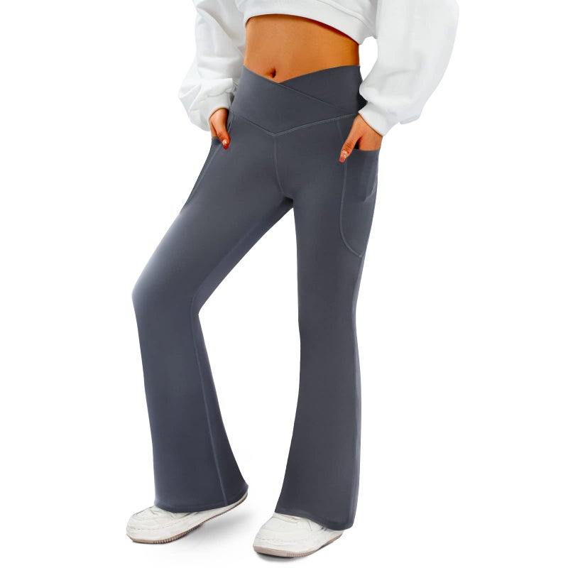 COPYLEAF Women's Flare Yoga Pants with Pockets-V Crossover High Waisted Bootcut Yoga Leggings-Flare Bell Bottom Workout Gym Leggings Gray - Image 1