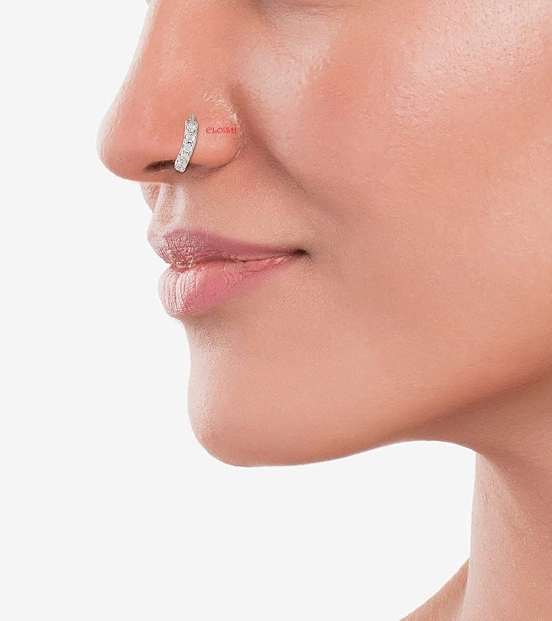 ELOISH 92.5 Sterling Silver Nose Ring for Women. 92.5% Pure Silver CZ Studded Nose Ring for Girls (8MM SMALL DIAMETER) - Image 2