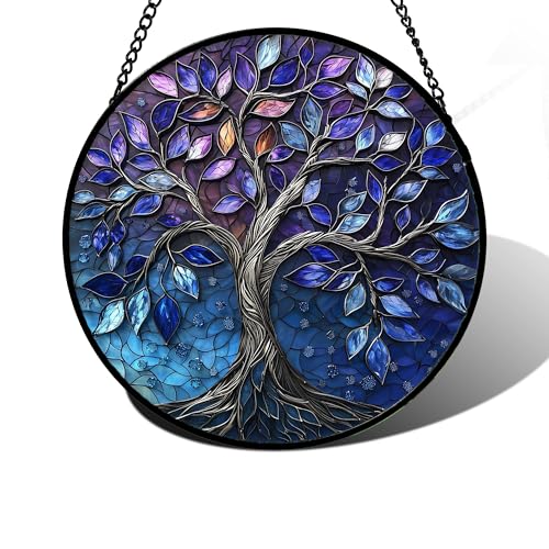 DASTOLL Stained Glass Window Hanging, Blue Purple Tree of Life Sun Catchers Colorful Glass Panel Plants Suncatcher Decor for Birthday for Women,Men,Wife, Lovers, and Mom 9.8 in - Image 1