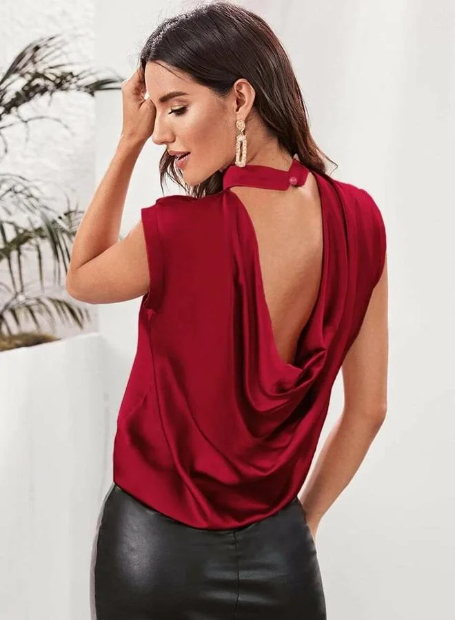 Kotty Solid Satin High Neck Top with Drape Back by Styli