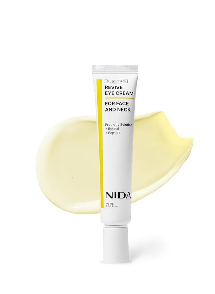 نيدا كريم العيون NIDA Revive للوجه والرقبة. حلول البروبيوتيك، الشبكية، الببتيد. التجاعيد، الخطوط الدقيقة، دوران الخلايا، نسيج الجلد الثابت، الجلد المشع، الاحتفاظ بالرطوبة. 1.35 أوقية فلورية، 40 مل - Image 1