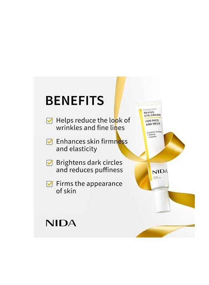 نيدا كريم العيون NIDA Revive للوجه والرقبة. حلول البروبيوتيك، الشبكية، الببتيد. التجاعيد، الخطوط الدقيقة، دوران الخلايا، نسيج الجلد الثابت، الجلد المشع، الاحتفاظ بالرطوبة. 1.35 أوقية فلورية، 40 مل - Image 2