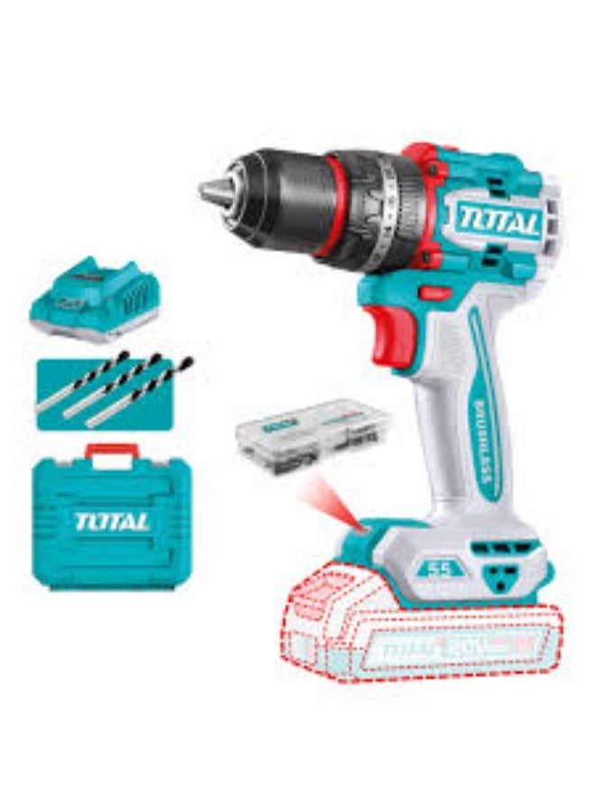 TOTAL Drill 20 Volt 55 Newton with 2 Batteries 2 Ah and Charger