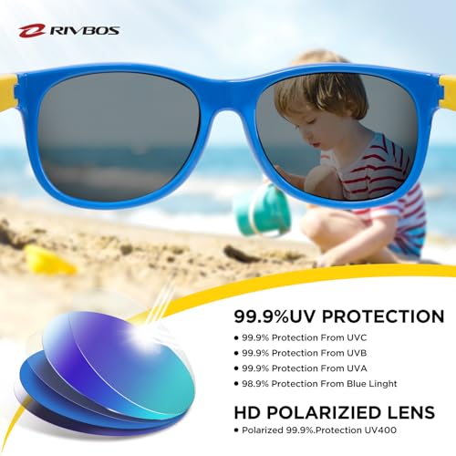 RIVBOS Kids Sunglasses Boys with Strap Polarized Rubber Flexible Shades for Toddler and Children Age 3-10 RBK004-2 Blue - Image 3