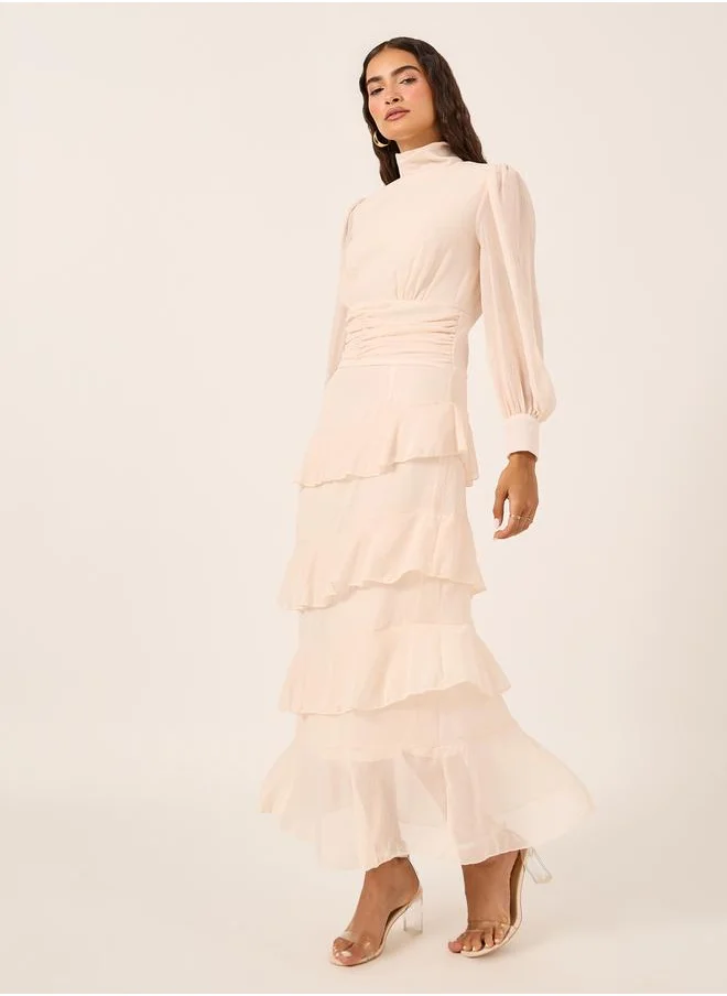 Styli Styli Puff Sleeves Ruffled Hem Tiered Maxi Dress