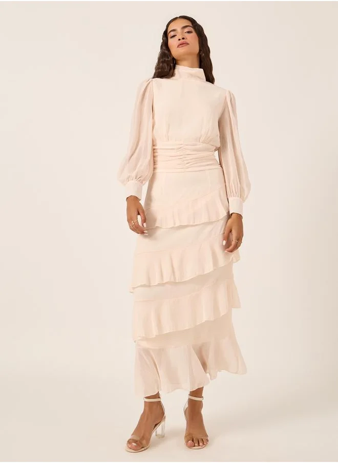 Styli Styli Puff Sleeves Ruffled Hem Tiered Maxi Dress