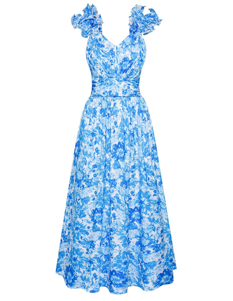 GRACE KARIN 2025 Women's Summer Floral Print Dress Sleeveless Casual Flowy Sundress A Line Ruffle Wedding Guest Outfit Blue Floral L - Image 1