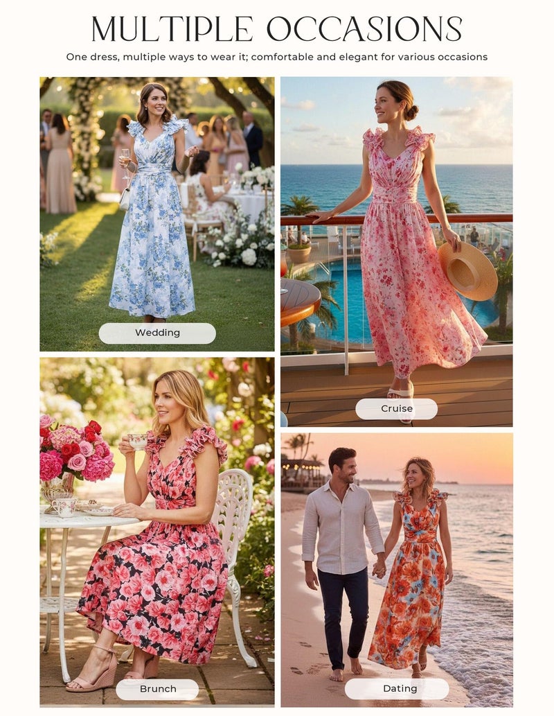 GRACE KARIN 2025 Women's Summer Floral Print Dress Sleeveless Casual Flowy Sundress A Line Ruffle Wedding Guest Outfit Blue Floral L - Image 3