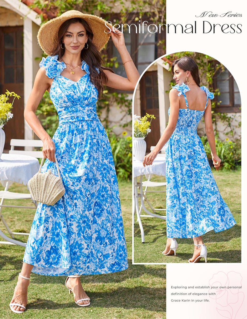 GRACE KARIN 2025 Women's Summer Floral Print Dress Sleeveless Casual Flowy Sundress A Line Ruffle Wedding Guest Outfit Blue Floral L - Image 2