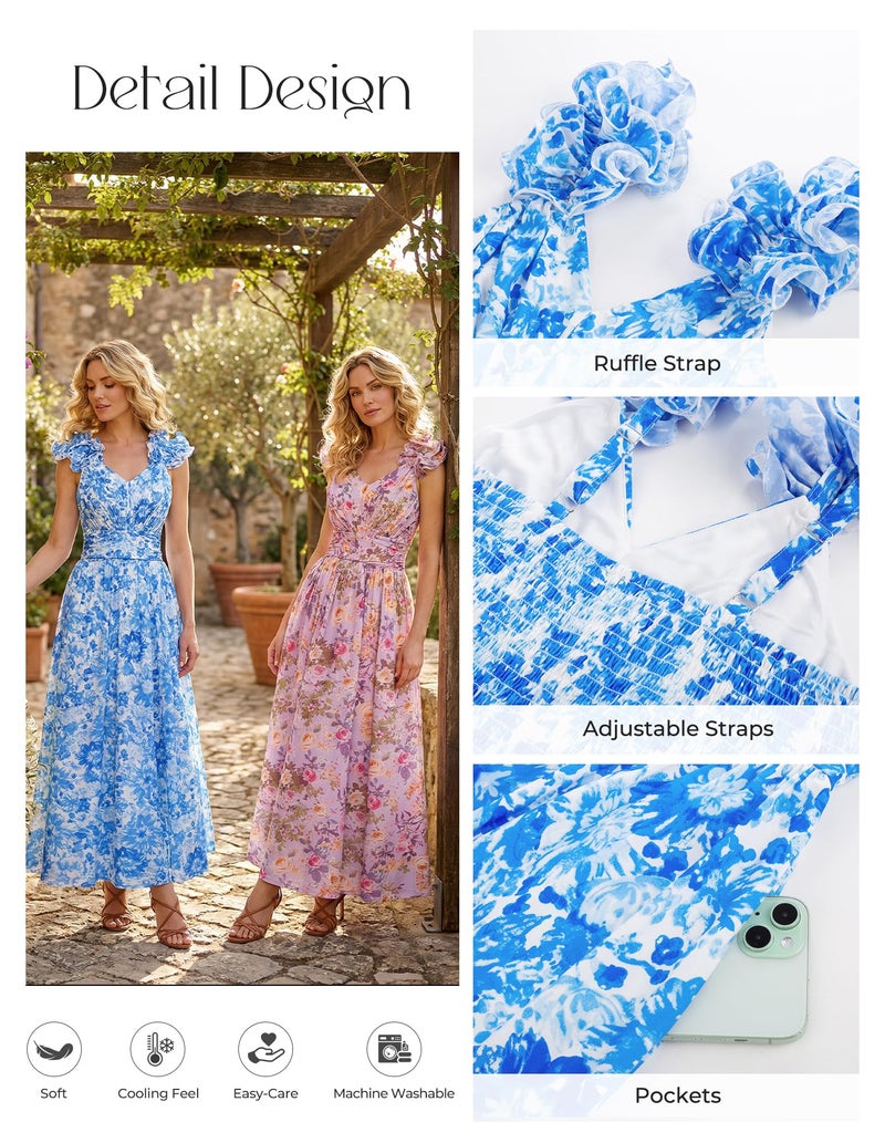 GRACE KARIN 2025 Women's Summer Floral Print Dress Sleeveless Casual Flowy Sundress A Line Ruffle Wedding Guest Outfit Blue Floral L - Image 5