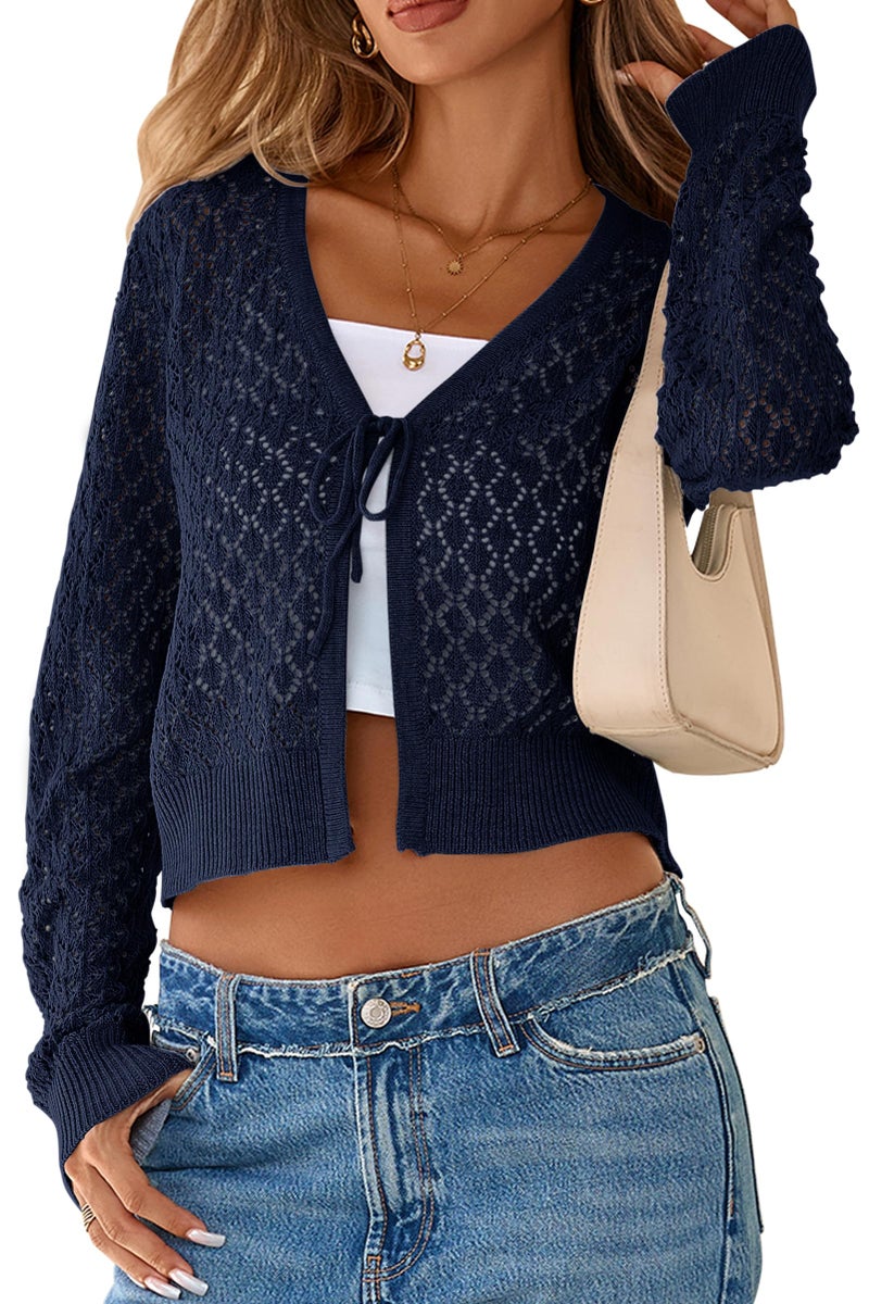 SimpleFun Tie Front Cardigan for Women Cropped Crochet Sweater Going Out Knitted Shrug Navy Blue,XL - Image 1