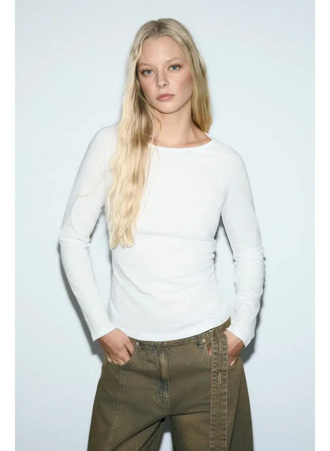 GRIMELANGE KARAKOLA Women's Organic Cotton Boat Neck Raglan Sleeve Slim Fit White Blouse.