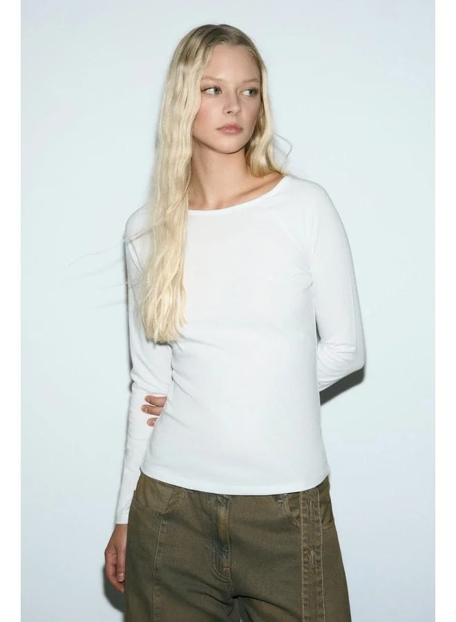 GRIMELANGE KARAKOLA Women's Organic Cotton Boat Neck Raglan Sleeve Slim Fit White Blouse.