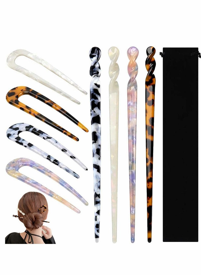 Y&D Acetate Hair Pins Sticks, U-Shaped Straight Chopsticks Hairpin Styling Accessories, Vintage Pin Fork Clips, for Girls Women Updos Buns, 8 Pieces+ 4 Pcs - Image 1