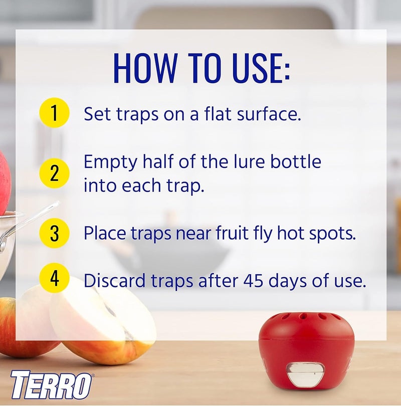 مصيدة ذباب الفاكهة تيرو عبوة من قطعتين مع سائل جاذب 30 مل تدوم حتى 90 يوم للاستخدام الداخلي مصيدة حشرات آمنة وسهلة الاستخدام للمطبخ والمنزل للتخلص من ذباب الفاكهة - Image 4