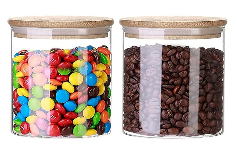 TADRUP 700ML Kitchen Storage Glass Jars with Wooden Lids Borosilicate Glass Food Storage Containers Air Tight glass jar for Tea Coffee Spice Candy 700ml Round Glass jar Pack of 2