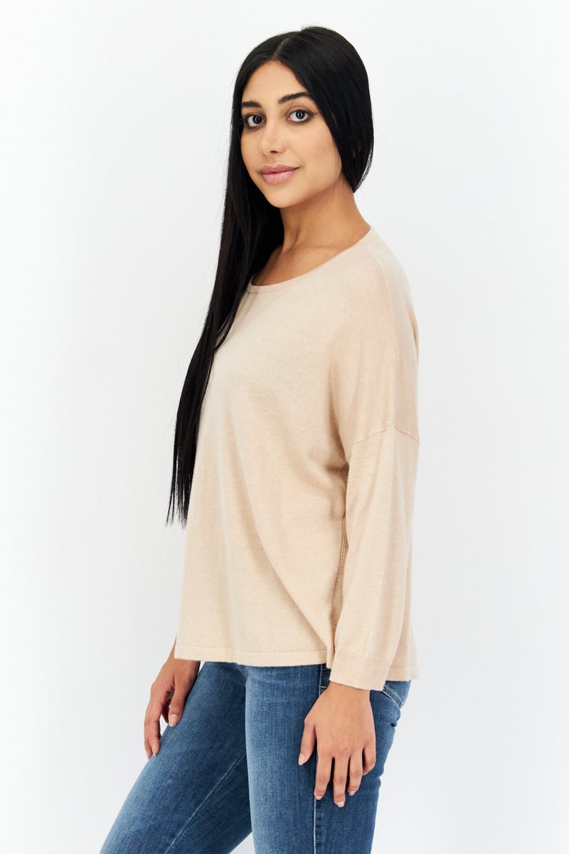 COMMA Women Boat Neck Plain Knitted Sweater, Tan - Image 2