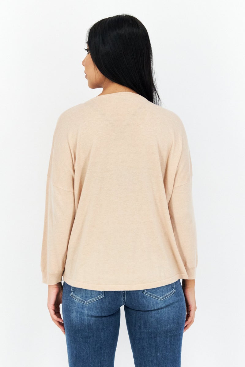 COMMA Women Boat Neck Plain Knitted Sweater, Tan - Image 4