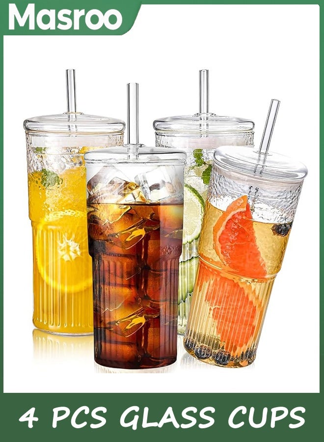 Masroo Glass Cups with Lids and Straws 4 Pcs,20oz Glasses Drinking Set Vintage Textured Clear Iced Coffee Cups with Lids,Reusable Glass Tumbler with Straw and Lid for Coffee Bar Accessories - Image 1