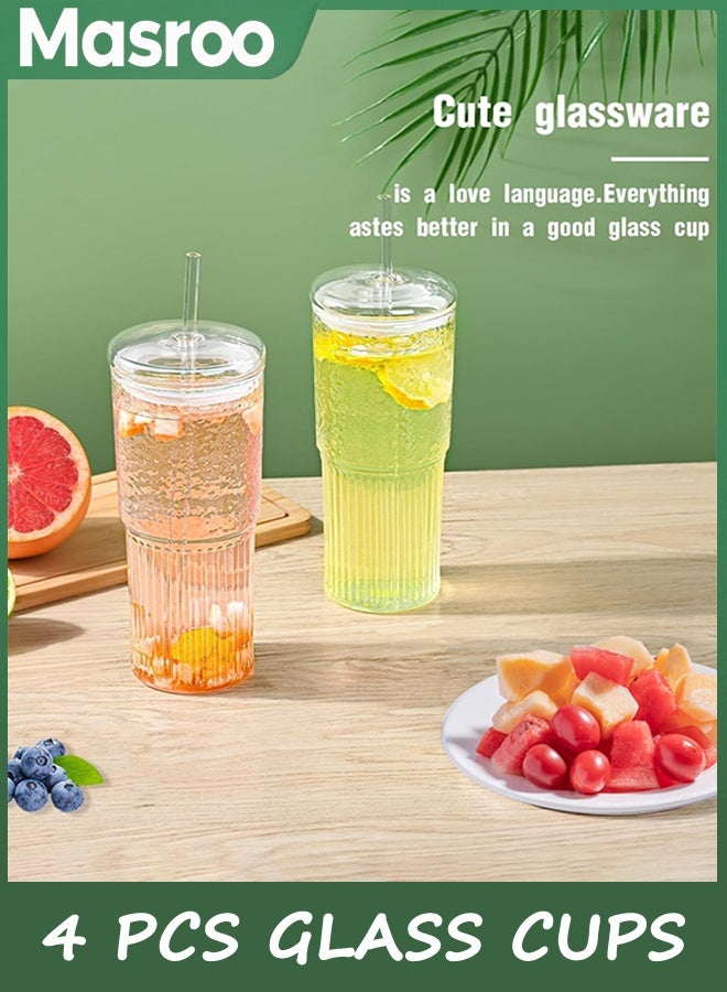 Masroo Glass Cups with Lids and Straws 4 Pcs,20oz Glasses Drinking Set Vintage Textured Clear Iced Coffee Cups with Lids,Reusable Glass Tumbler with Straw and Lid for Coffee Bar Accessories - Image 4