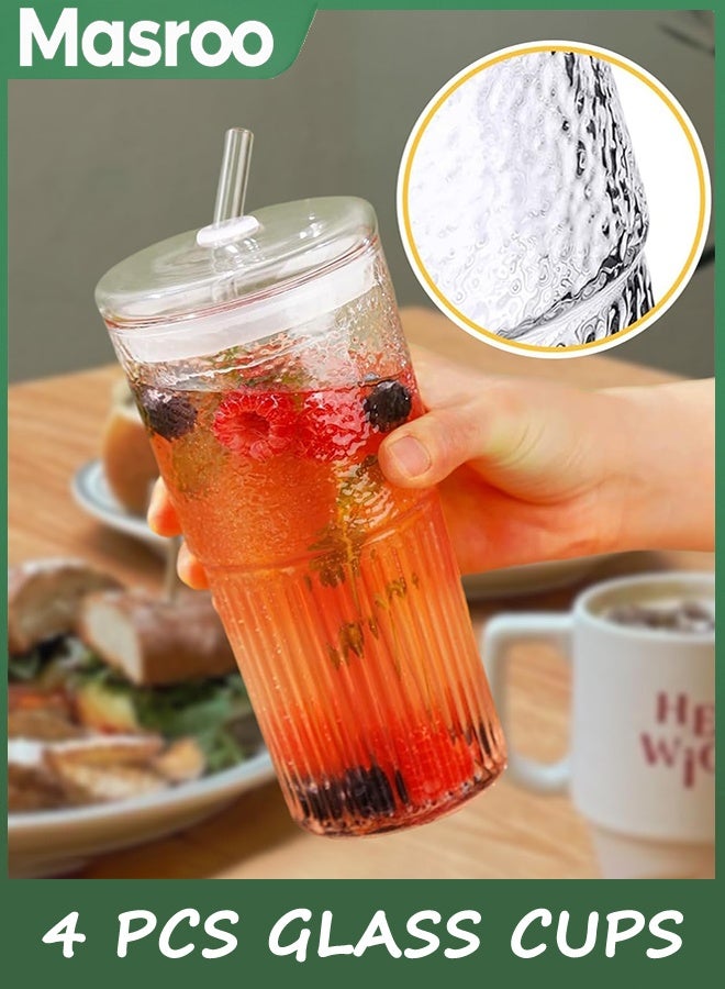 Masroo Glass Cups with Lids and Straws 4 Pcs,20oz Glasses Drinking Set Vintage Textured Clear Iced Coffee Cups with Lids,Reusable Glass Tumbler with Straw and Lid for Coffee Bar Accessories - Image 3