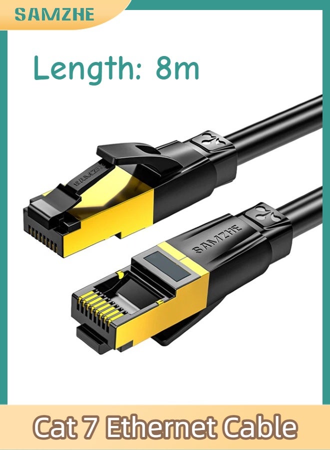 SAMZHE كابل إيثرنت Cat7 بطول 8 أمتار، عالي السرعة 10 جيجابت في الثانية، 600 ميجاهرتز، سلك LAN دائري محمي من النحاس النقي، موصل RJ45 مع غطاء واقٍ، مطلي بالذهب لمقاومة التداخل، سلك توصيل إنترنت للكمبيوتر لأجهزة PS5 وPS4 وXbox والكمبيوتر الشخصي والألعاب وأجهزة التوجيه والمودم (أسود) - Image 1
