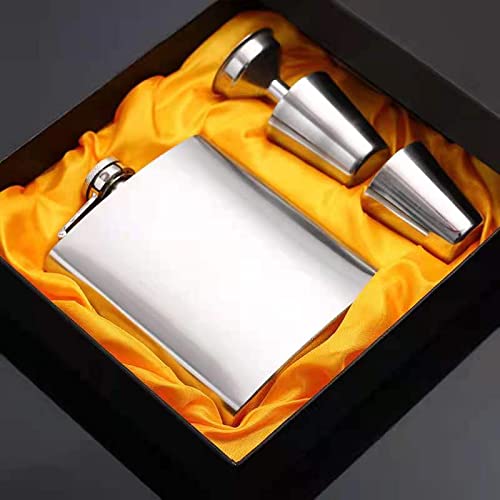 AUGEN Hip Flask Stainless Steel Leak Proof Silver 7oz (210ml) Liquor Pocket Flasks or Alcoholic Beverage Holder Set with Two Shot Glasses and Funnel Gift Set - Image 2