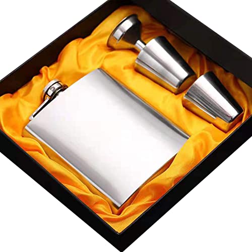 AUGEN Hip Flask Stainless Steel Leak Proof Silver 7oz (210ml) Liquor Pocket Flasks or Alcoholic Beverage Holder Set with Two Shot Glasses and Funnel Gift Set - Image 1