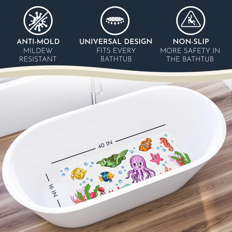 Homerella Bath Tub Mat Non Slip Anti Mold for Kids BPA Free INCL Hooks - homerellaÂ® Ocean Sea Animals 40x16, Baby Bath Mat Non Slip 200 Suction Cups, Non Toxic Machine Washable Toddler Bath Mat, EU Certified - Image 2