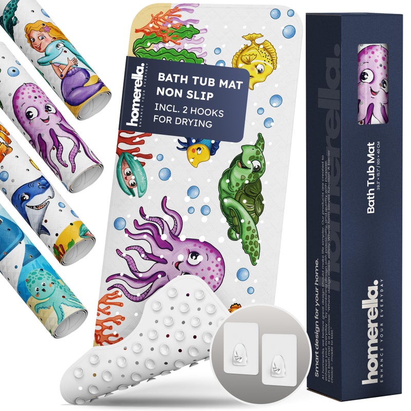 Homerella Bath Tub Mat Non Slip Anti Mold for Kids BPA Free INCL Hooks - homerellaÂ® Ocean Sea Animals 40x16, Baby Bath Mat Non Slip 200 Suction Cups, Non Toxic Machine Washable Toddler Bath Mat, EU Certified - Image 1