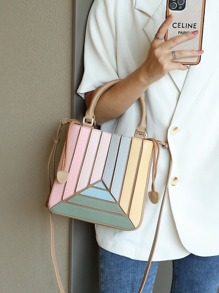 Stitching Colored Foreign Style Trendy Portable Small Square Bag Niche Design High-End Fashion All-Match Shoulder Crossbody Bag - Image 2