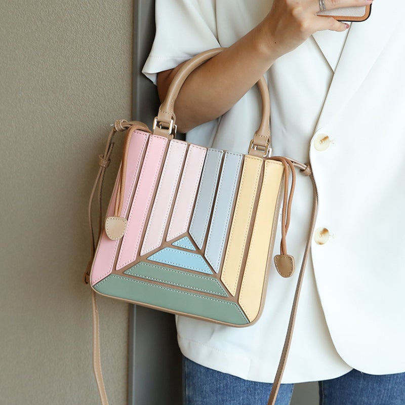 Stitching Colored Foreign Style Trendy Portable Small Square Bag Niche Design High-End Fashion All-Match Shoulder Crossbody Bag - Image 1