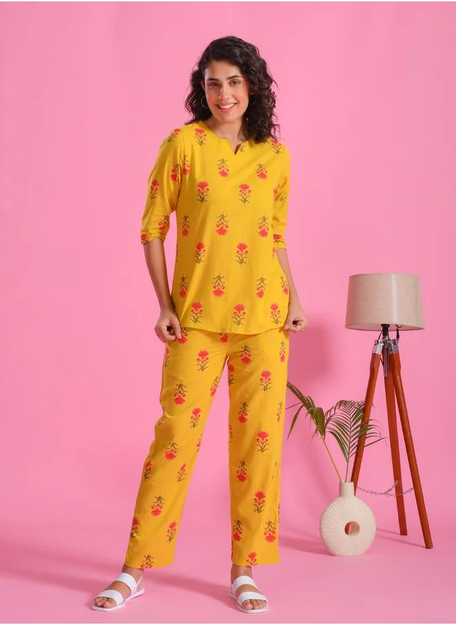 sanskrutihomes Pure Cotton Printed Notch Neck Top and Pyjama Set by Styli