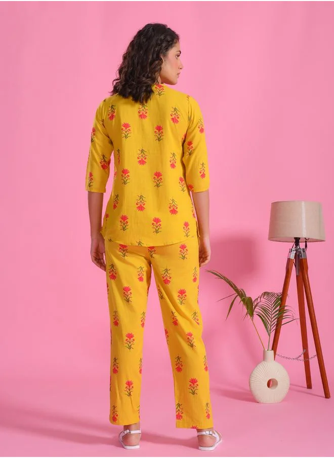sanskrutihomes Pure Cotton Printed Notch Neck Top and Pyjama Set by Styli