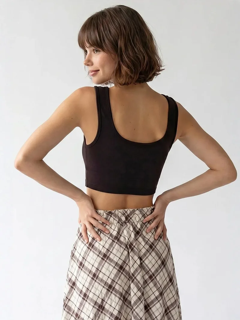 Mixray Coffee Brown MIXRAY Women's Fitted Square-neck Crop Tank Top for Women | Best Price UAE