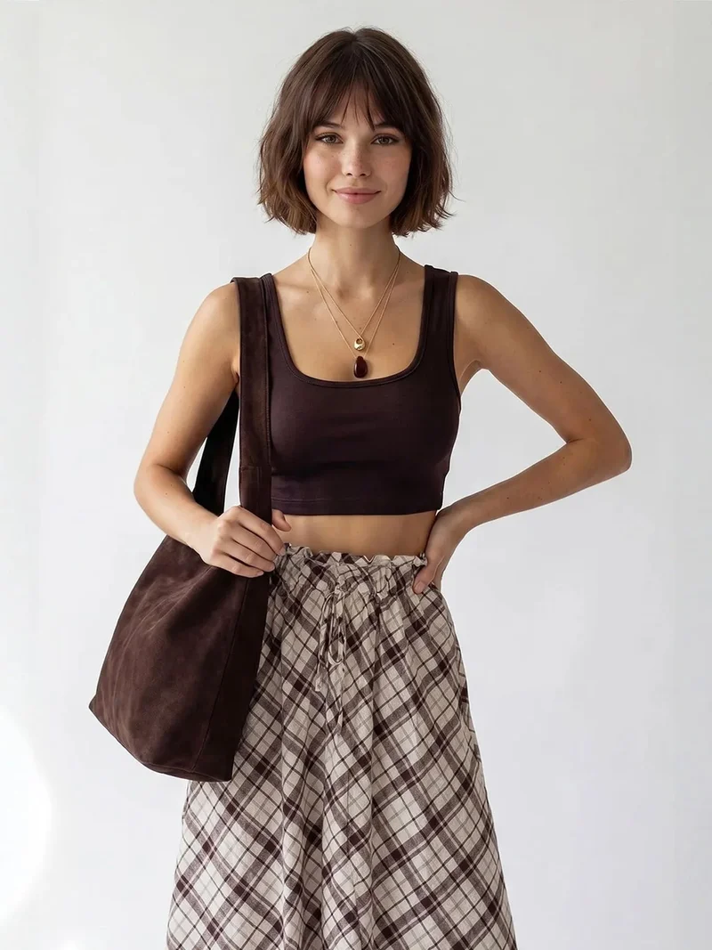 Mixray Coffee Brown MIXRAY Women's Fitted Square-neck Crop Tank Top for Women | Best Price UAE