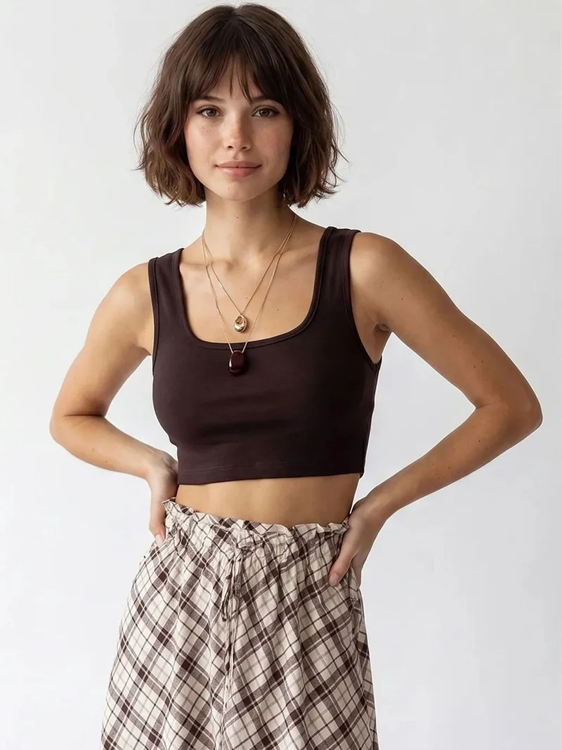 MIXRAY Women's Fitted Square-neck Crop Tank Top