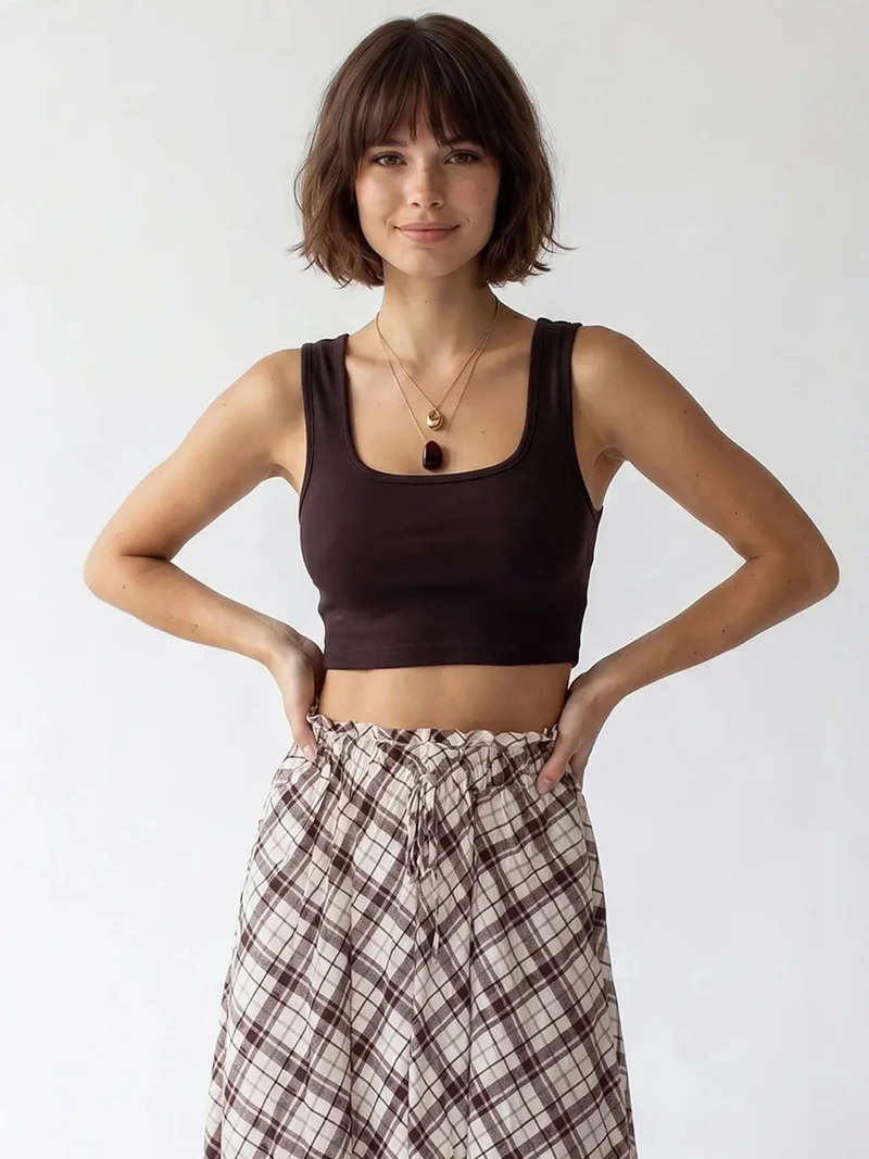 Mixray Coffee Brown MIXRAY Women's Fitted Square-neck Crop Tank Top for Women | Best Price UAE