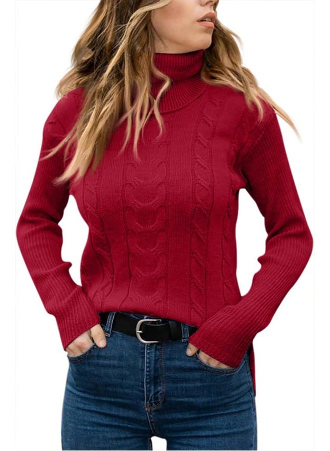 Langwyqu Womens Turtleneck Sweaters Long Sleeve Pullover Cable Knit Sweaters Soft Jumper, Red, M - Image 2