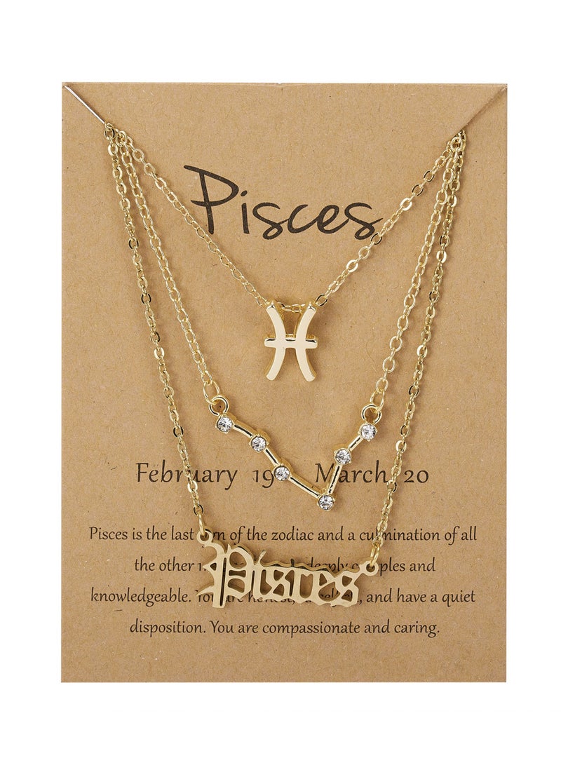 3Pcs Pisces Symbol Necklace, Retro Gold Plated 12 Constellation Pendant, zodiac sign - Image 1