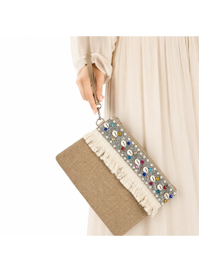 Women's bohemian style handbag embroidered with beads and shells, with a practical and elegant design for everyday use. - Image 1