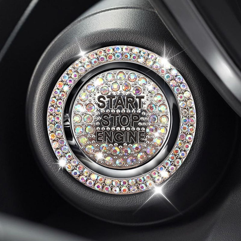 Eponcia 2PCS Rhinestone Push Start Button Cover Bling Car Accessories for Women Sparkly Diamond Push to Starter Stop Button Decorative Cover Key Ignition Knob Ring Crystal Emblem StickerColorful - Image 3