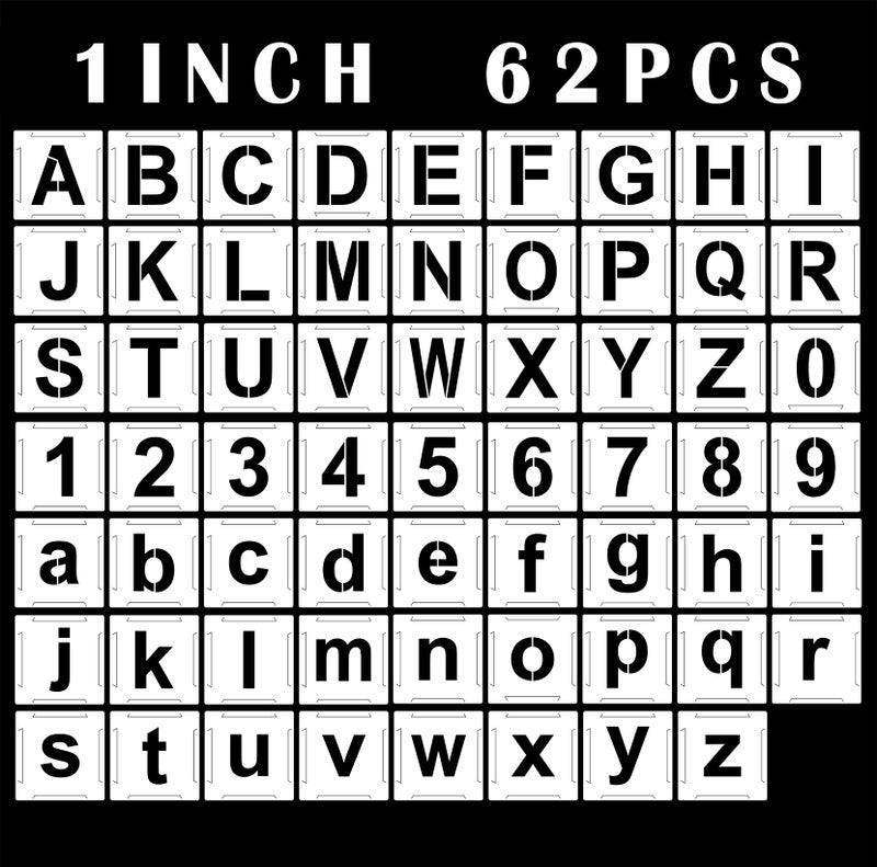 Mossdecal 62pcs Letter Stencils and Numbers 1 Inch Small Reusable Alphabet Templates Interlocking Stencil Kit for Painting on Wood Wall Fabric Rock Chalkboard Sign Art Craft Stencils