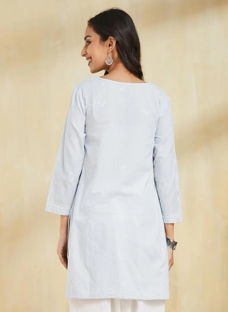 فاب انديا Blue Cotton Slim Fit Chikankari Short Kurta