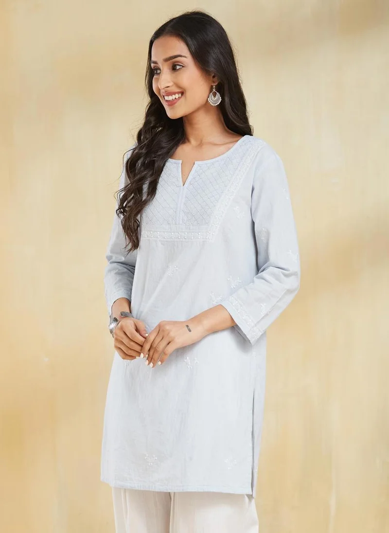 فاب انديا Blue Cotton Slim Fit Chikankari Short Kurta