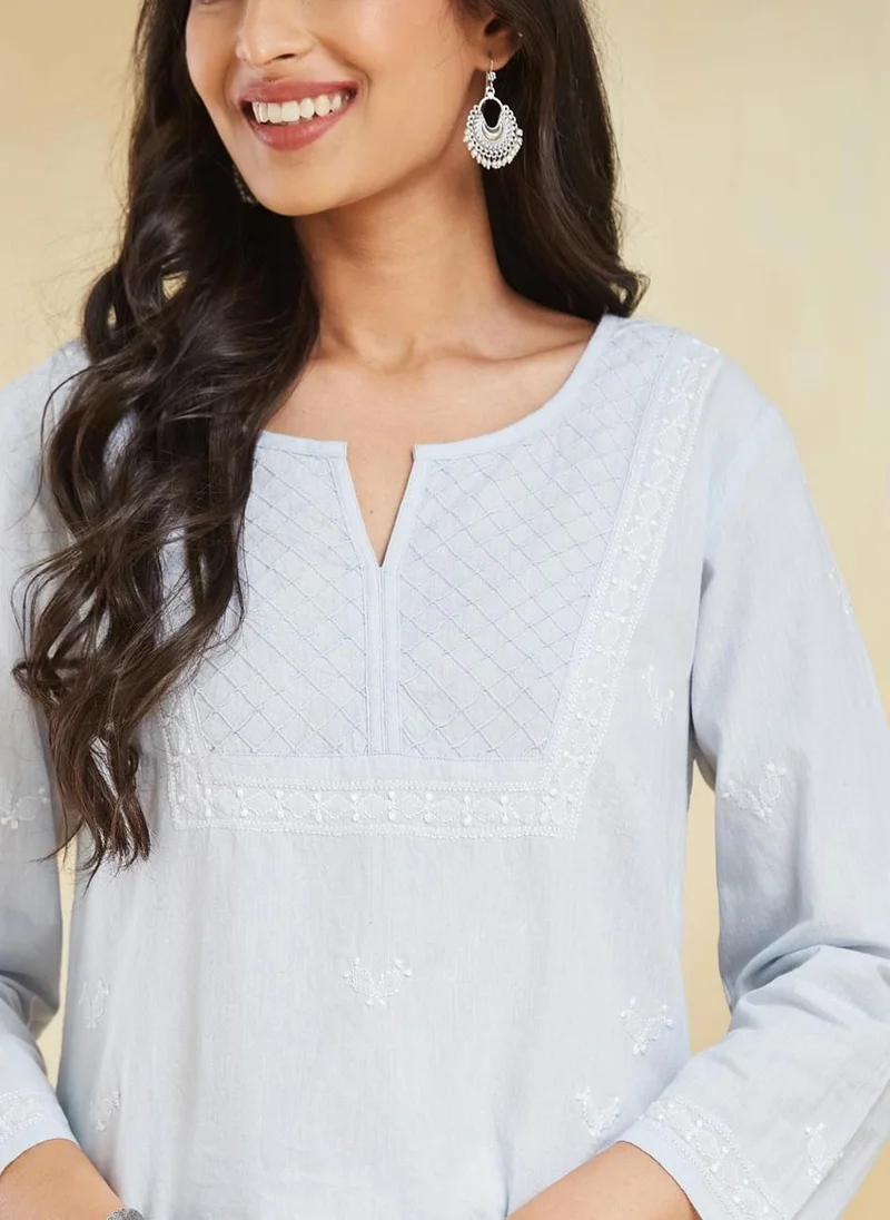 فاب انديا Blue Cotton Slim Fit Chikankari Short Kurta