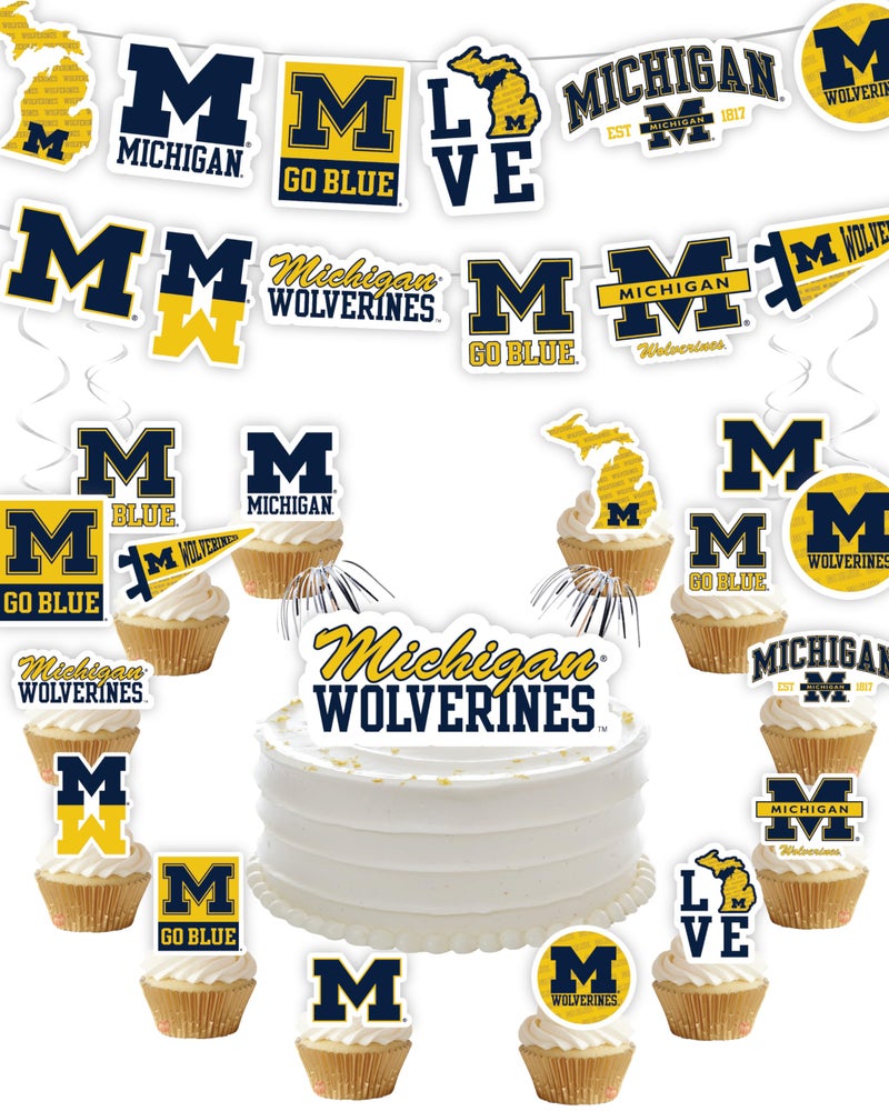 Michigan Party Supplies for Football Birthday Gift U of M Graduation Party Banner and Cake Toppers 42 Pieces Michigan Wolverines