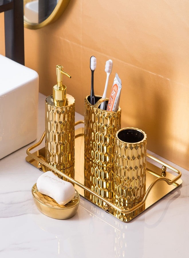 RZCNC Bathroom Accessories Set Complete, Ceramic 4 Piece Bathroom Set Accessories Bath Accessories Set Complete Soap Dispenser Set with Toothbrush Holder, Soap Dispenser, Tumbler and Soap Dish,Golden - Image 3